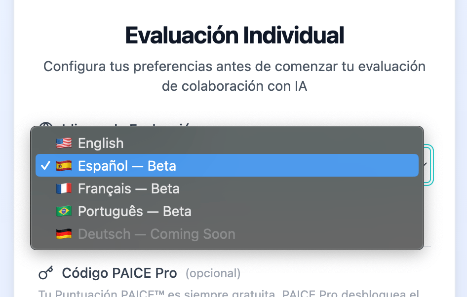 PAICE assessment interface shown in Spanish, French, and Portuguese